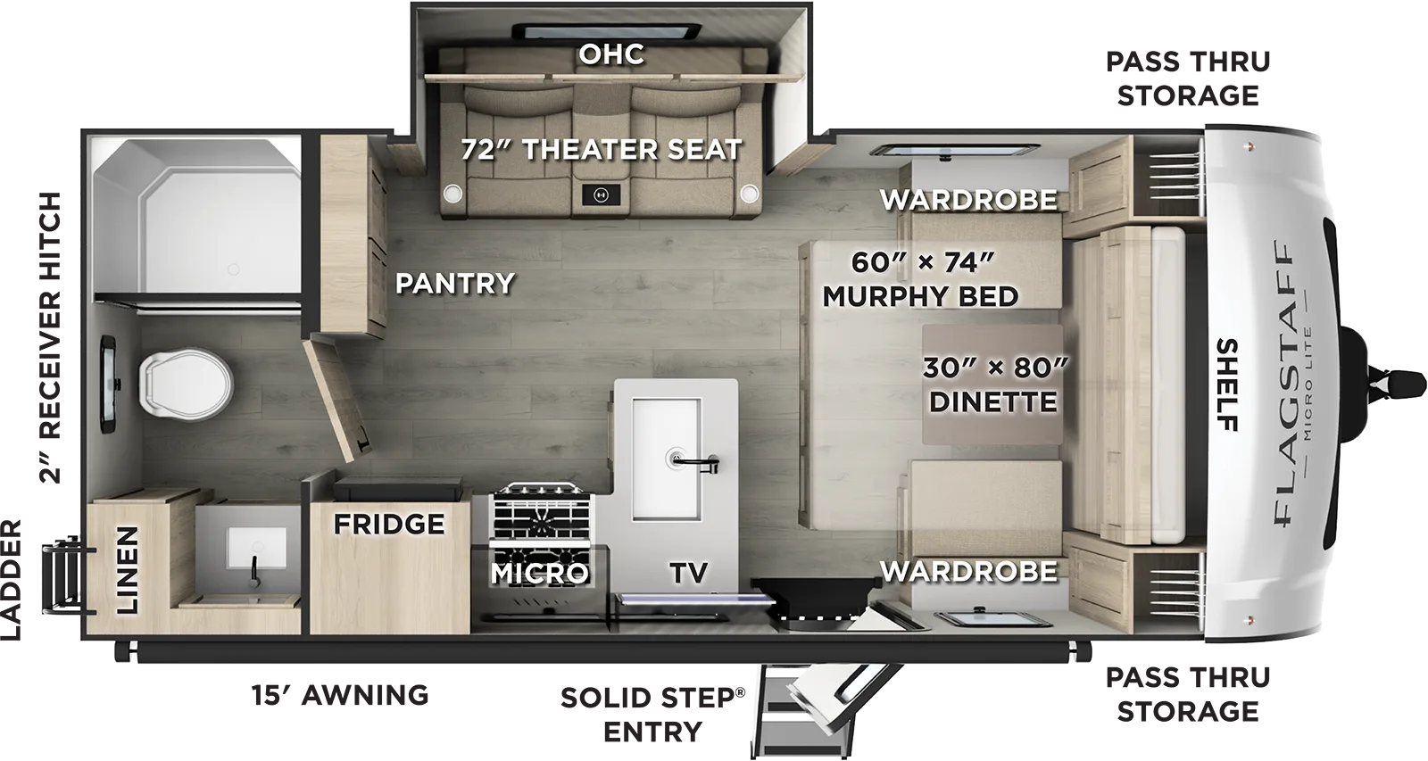 The Flagstaff Micro Lite 21SRB floorplan has one entry and one slide out. Exterior features include: fiberglass exterior and 15' awning. Interiors features include: murphy bed and rear bathroom.